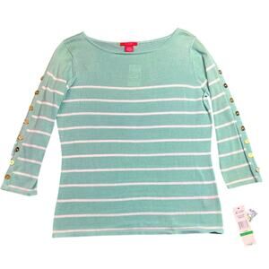 NWT A Line Anne Klein Mint Green Striped Cotton Knit Top Button Sleeve Size L